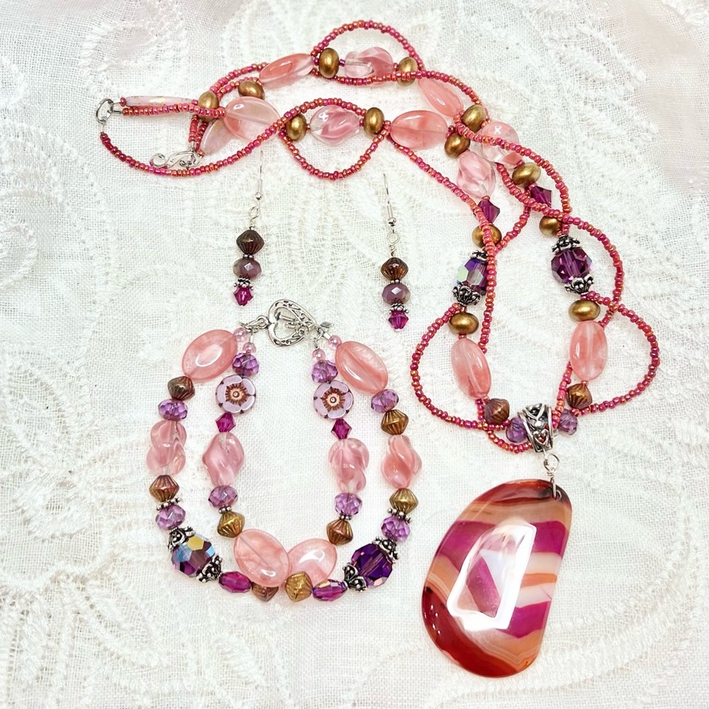 OOAK Raspberry banded Agate, rose quartz, Swarovski crystal, SS necklace